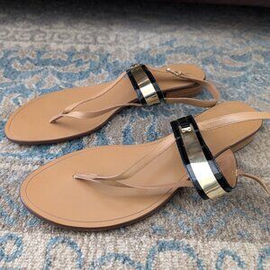 HALOGEN Harita‎ Sandals Women's 12 Black Gold Strap Thong Strap Back FLAW READ